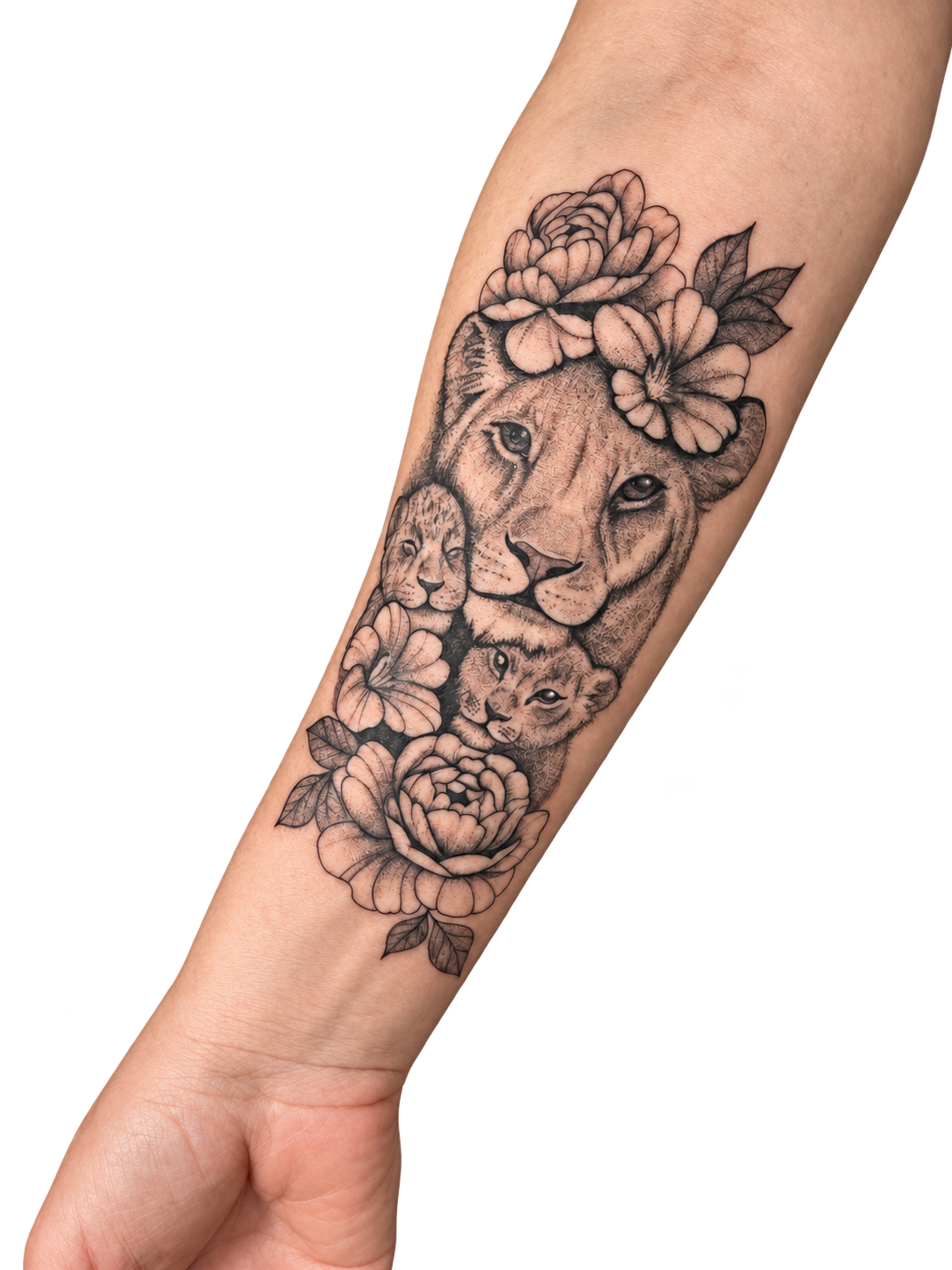 Tatuaż lwicy i młodych z kwiatami wykonany przez NinaTattoo.art